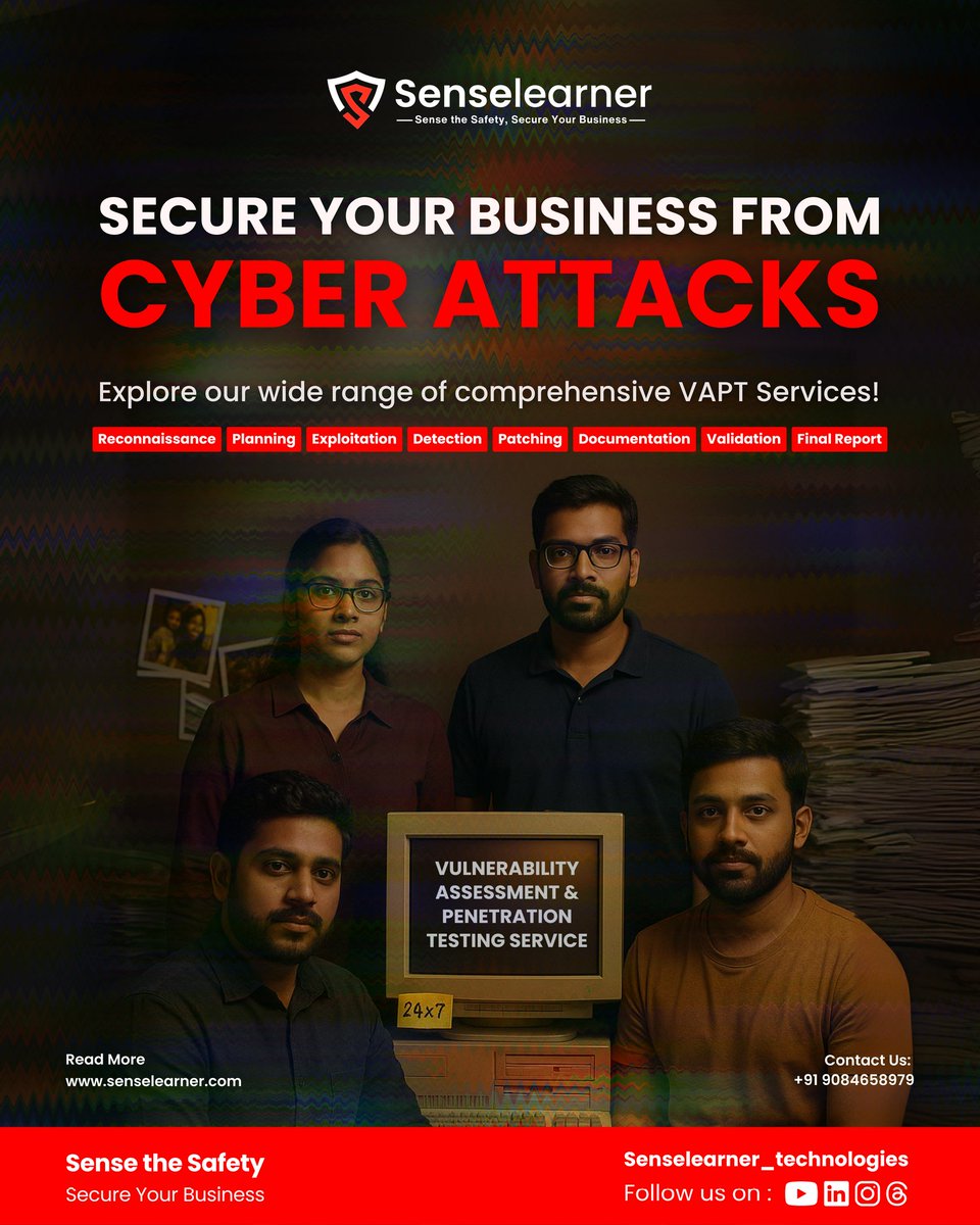 SenselearnerL's tweet photo. Protect your business with 24x7 advanced VAPT services โ because cyber safety canโt wait.
#CyberSecurity #VAPT #BusinessProtection #DataSafety #senselearnertechnologies https://t.co/5CVRs3IQ39