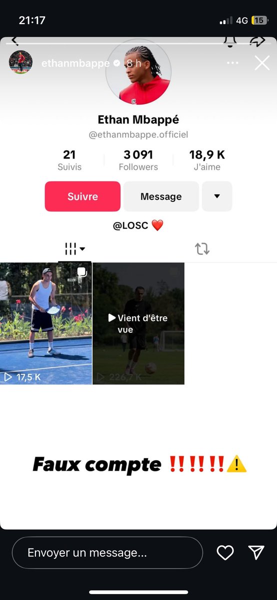 Ethan Mbappé c’est un youtubeur ou quoi 
Pour nous signaler des faux comptes