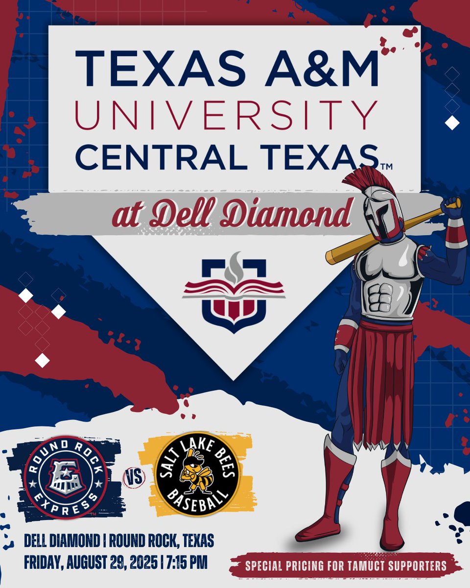 We're only one week away from A&amp;M–Central Texas Night at Dell Diamond! ⚾

📅 August 29, 2025
⏰ 7:15 p.m.
📍 Dell Diamond | Round Rock, Texas 

Our Warrior family gets special discounted tickets! Use code "A&amp;M" at checkout 🎟

Purchase tickets: mlb.tickets.com/?orgId=22433&a…

#TAMUCT