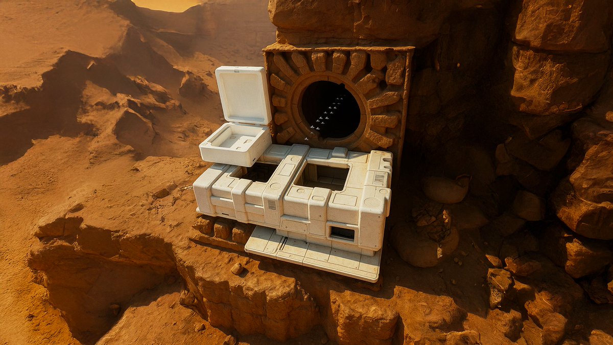 Dethpixl's tweet photo. Recycling old packaging to make a nasa punk Alien ruins sci-fi drone shot with Photoshop and haibrid workflows @elonmusk @NASA #spacex #art #scifi #nasapunk #mars #futuristic #architecture #ai #haibrid #space #conceptart https://t.co/lAdymbsJHL