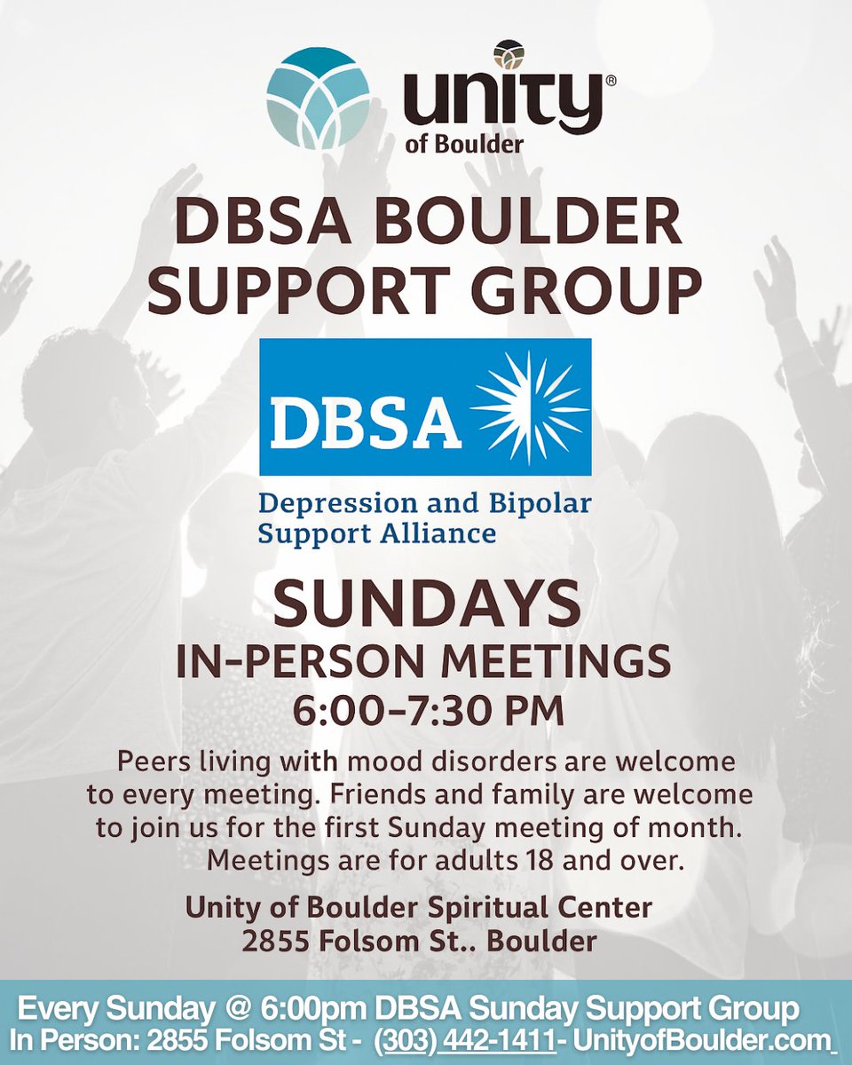 DBSA Boulder Support Group 
In Person at Unity - Sundays, 6:–7:30 PM
Where: Unity of Boulder Spiritual Center
2855 Folsom St

More details at unityofboulder.com/events/dbsa-bo…

#unityofboulder #dbsa #dbsaboulder #boulder #bouldercolorado #mentalhealth #mentalhealthsupport 

<a href="/DBSAlliance/">DBSA</a>