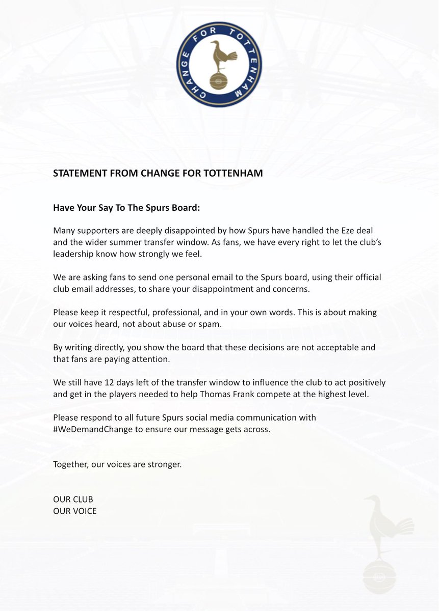 𝐂𝐡𝐚𝐧𝐠𝐞 𝐅𝐨𝐫 𝐓𝐨𝐭𝐭𝐞𝐧𝐡𝐚𝐦 (@changeforspurs) on Twitter photo A Statement From Change For Tottenham.
Please use the email addresses below;
email@tottenhamhotspur.com
Supporter.services@tottenhamhotspur.com
vinai.venkatesham@tottenhamhotspur.com
Matthew.collecott@tottenhamhotspur.com
Further protest news to follow. A Statement From Change For Tottenham.
Please use the email addresses below;
email@tottenhamhotspur.com
Supporter.services@tottenhamhotspur.com
vinai.venkatesham@tottenhamhotspur.com
Matthew.collecott@tottenhamhotspur.com
Further protest news to follow.