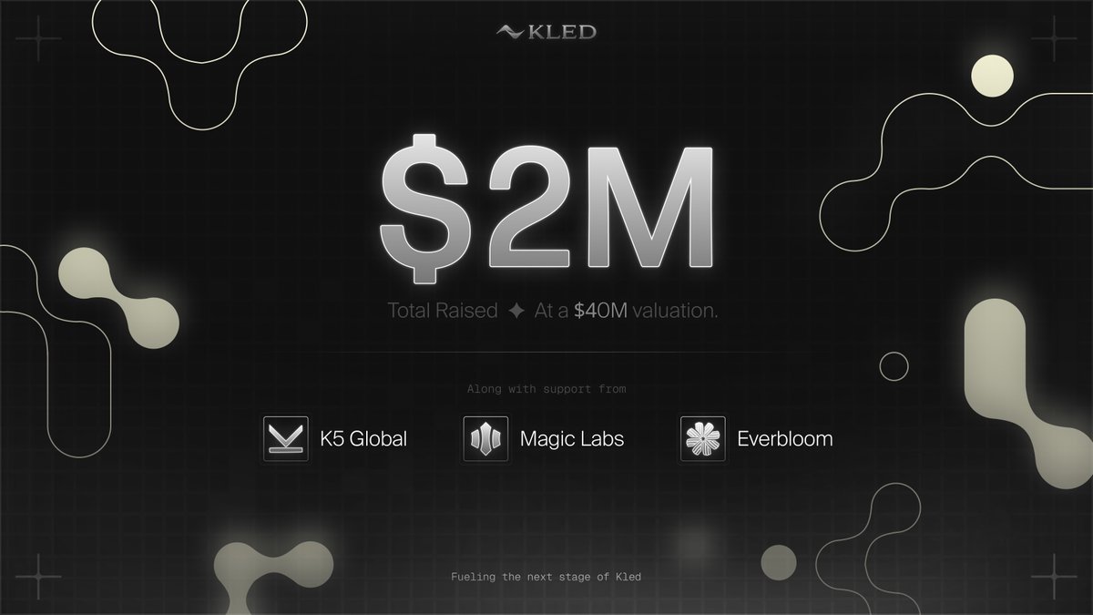 Kled AI 자금 조달 발표 그래픽: K5 Global, Magic Labs, Everbloom이 후원하며 $40M 밸류에이션에서 $2M 유치