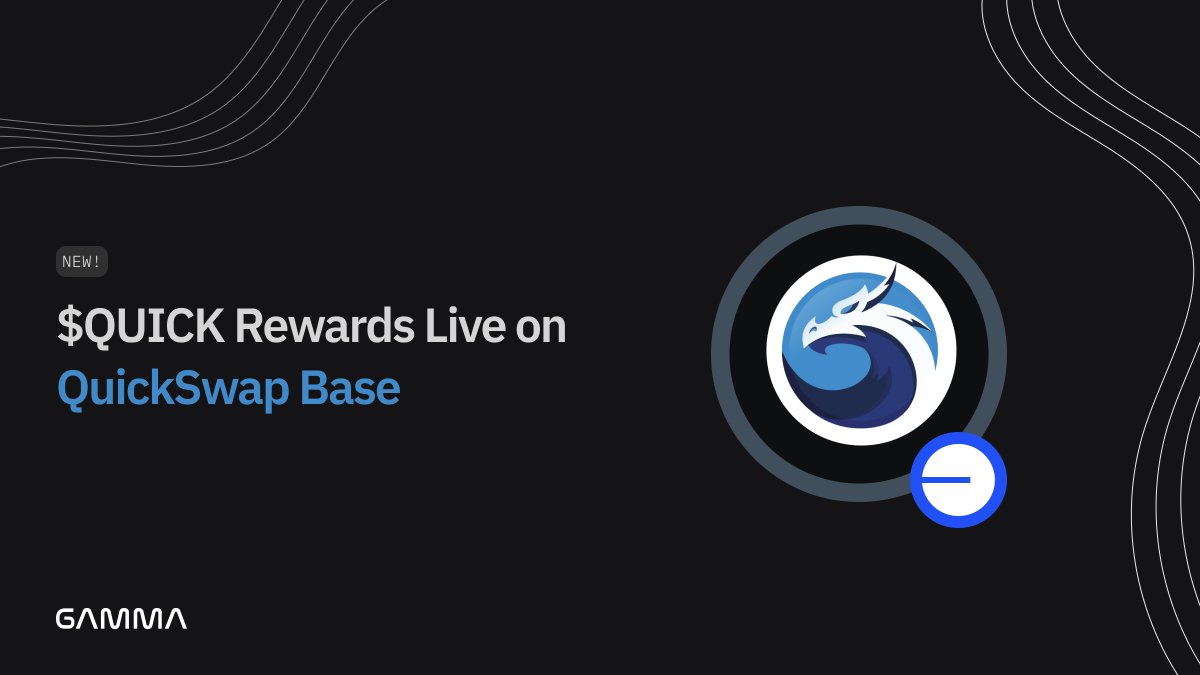 GammaStrategies's tweet photo. Earn $quick on @QuickswapDEX  Base. 
Rewards are now live on the Gamma Vaults! 

Deposit here: https://t.co/jJNnxKDWSv https://t.co/6LEIC1UDCy