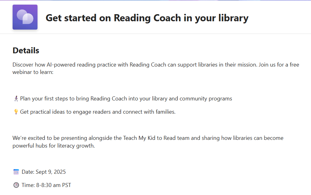 mtholfsen's tweet photo. Bring Microsoft Reading Coach to your library or community 📖 Plan your pilot and take first steps to bring Reading Coach into your library and community programs. 

📅 Date: Sept 9, 2025
🕒 Time: 8-8:30 am PST

Registration info below 👇 https://t.co/dOdreW11hL