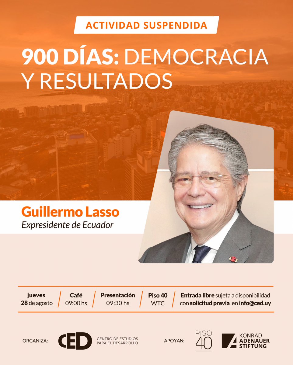 CED Uruguay (@ced_uy) on Twitter photo ‼️ Lamentamos informar que, por motivos de fuerza mayor, el presidente <a href="/LassoGuillermo/">Guillermo Lasso</a> ha debido cancelar su viaje a Uruguay, lo que nos obliga a suspender la actividad programada para el próximo jueves 28/8. ‼️ Lamentamos informar que, por motivos de fuerza mayor, el presidente <a href="/LassoGuillermo/">Guillermo Lasso</a> ha debido cancelar su viaje a Uruguay, lo que nos obliga a suspender la actividad programada para el próximo jueves 28/8.