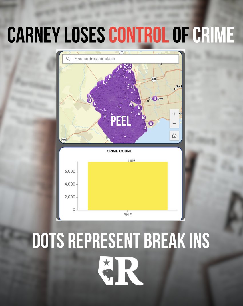 ABRepublicans's tweet image. This is Peel, Ontario — every single dot represents a break-in since JANUARY (Mario Zelaya). Carney has LOST control of crime—or worse, he doesn't care. Are the Liberals deliberately sabotaging #Canada? It sure looks that way. #Alberta must #separate before it's too late. Join