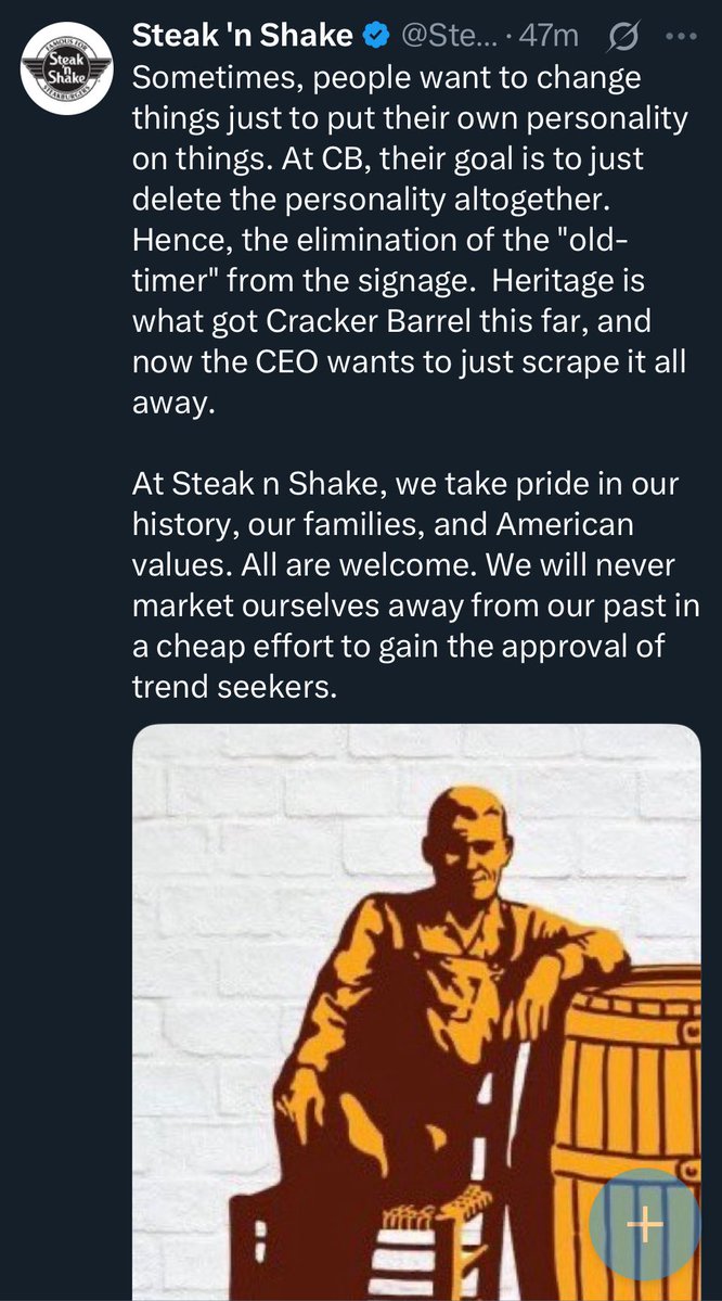 Mike™ (@tattedbikervet) on Twitter photo This has officially been a bad week for Cracker Barrel compounded by a absolute PR disaster. 🤡
Steak’n’Shake (<a href="/SteaknShake/">Steak 'n Shake</a>) isn’t helping and refuses to throw them a life jacket. 🤣
Moral of the story…give your hard earned money to those who deserve it! This has officially been a bad week for Cracker Barrel compounded by a absolute PR disaster. 🤡
Steak’n’Shake (<a href="/SteaknShake/">Steak 'n Shake</a>) isn’t helping and refuses to throw them a life jacket. 🤣
Moral of the story…give your hard earned money to those who deserve it!