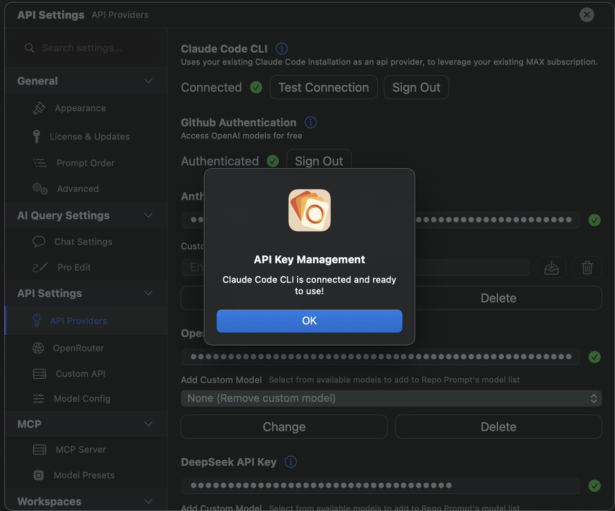 donvito's tweet image. We can use our Claude Code account with @RepoPrompt!
