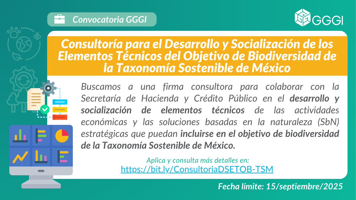 📣 ¡Atención firmas consultoras! Tenemos una emocionante convocatoria para impulsar la Taxonomía Sostenible de México.​

El objetivo de esta consultoría es desarrollar y socializar los criterios y umbrales técnicos que integrarán el nuevo objetivo de biodiversidad dentro de la