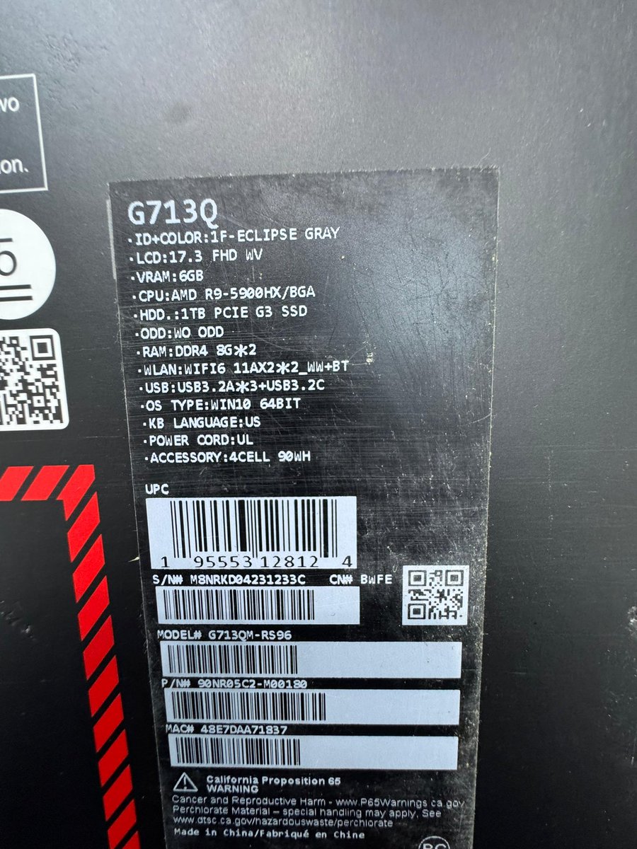 BRAND NEW  
ASUS G713Q
1TB SSD 16GB RAM 
AMD RYZEN 9 5000 SERIES 
6GB RTX 3060 NVIDIA GRAPHICS
RGB KEYBOARD LIGHT 
Available for N1,400,000 
Office Address:No 2 Pepple street,Ikeja computer Village 
Call or WhatsApp 08037774591