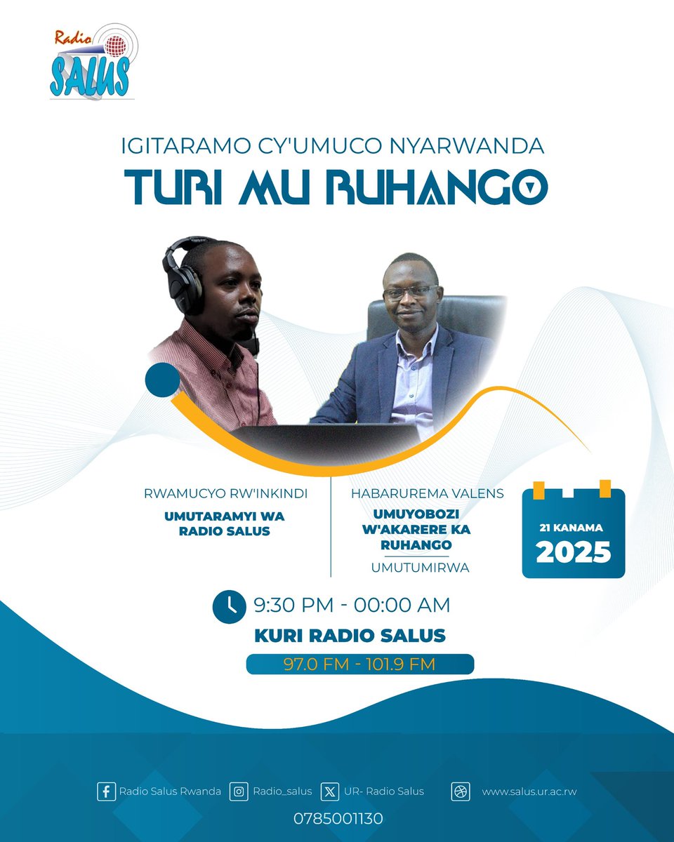 Ruhango District (@ruhangodistrict) on Twitter photo Yemwe ndabona impamba yegereje, Umuyobozi w'Akarere <a href="/valencesh/">Valens Habarurema</a>  ati "#TuriMuRuhango ni ihuriro riduhuza",  kurikira Radiyo Salus kuva 9:30 PM kugeza 00:00 PM. Ni kuri : 97.0, 101.9 FM. <a href="/byukavuba/">Sir. Uracyaryamye</a> Yemwe ndabona impamba yegereje, Umuyobozi w'Akarere <a href="/valencesh/">Valens Habarurema</a>  ati "#TuriMuRuhango ni ihuriro riduhuza",  kurikira Radiyo Salus kuva 9:30 PM kugeza 00:00 PM. Ni kuri : 97.0, 101.9 FM. <a href="/byukavuba/">Sir. Uracyaryamye</a>