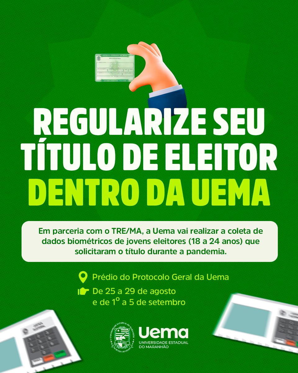 UemaOficial's tweet photo. ⚠️ Atenção, jovens eleitores!
A Uema e o TRE/MA realizam o Projeto Biometria para quem ainda não fez o cadastramento.
📍 Campus Paulo VI
🗓️ 25 a 29/08 e 1 a 5/09.
Participe e fortaleça a democracia! 🗳️
🔗 Saiba mais: https://t.co/d5YWVRXU2O
#UEMA #TREMA #Cidadania https://t.co/CqYQRri1hH