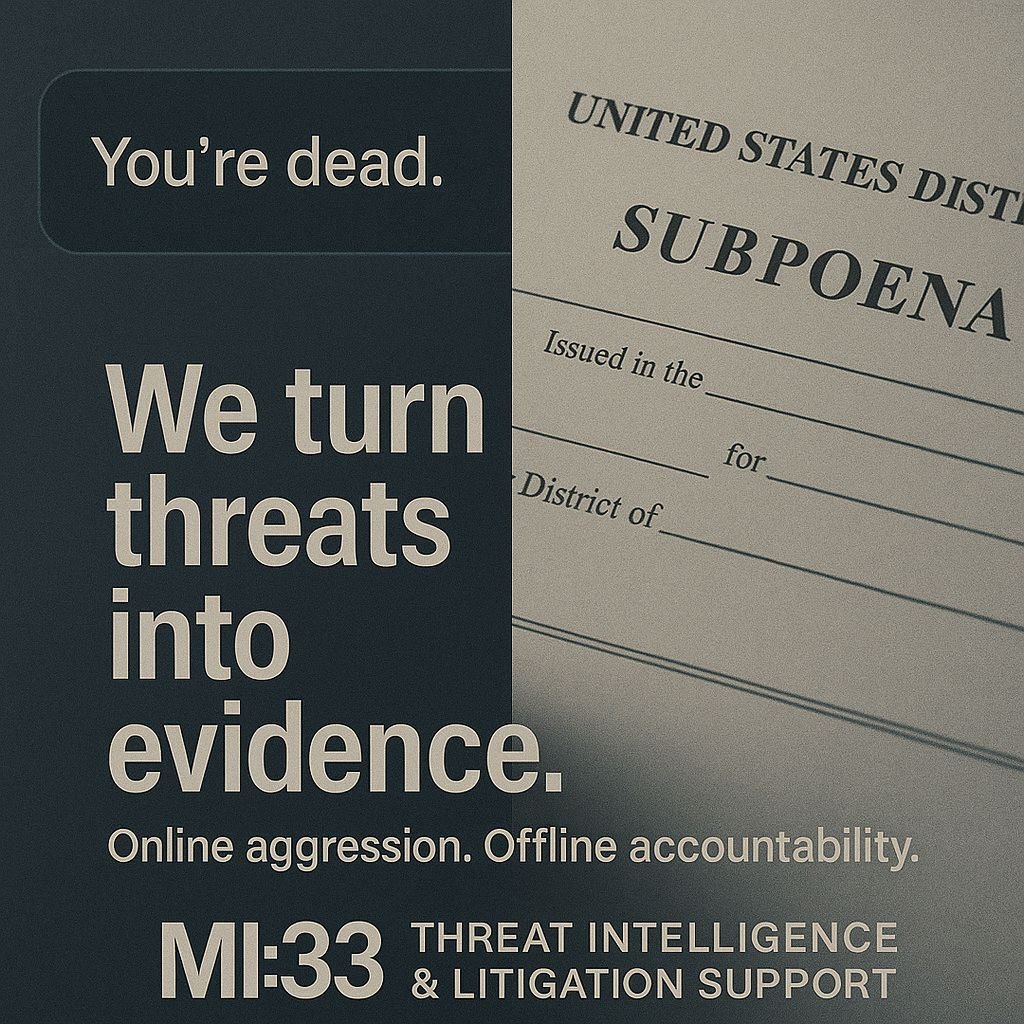 We turn threats into evidence. Online aggression. Offline accountability. MI:33 | Threat Intelligence &amp; Litigation Support mi33.co