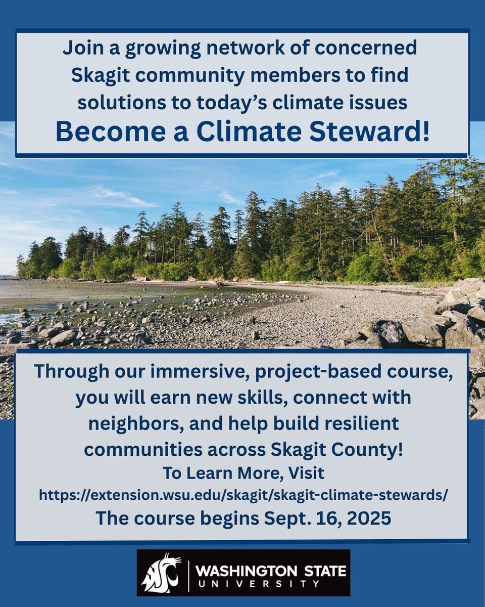Do you live in Skagit or Island County? This September, WSU-Extension is offering a Climate Stewards program with coursework and interactive field trips on local climate topics. This 8-week session begins September 16th.

Learn more and and register now: 🔗wsu.co1.qualtrics.com/jfe/form/SV_eV…