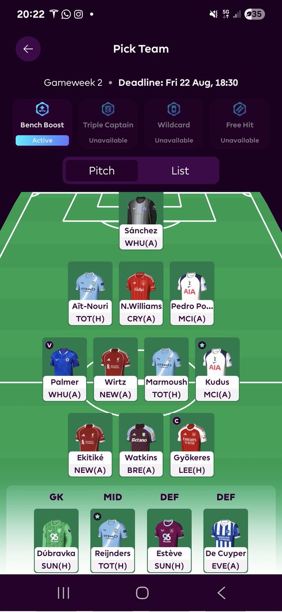 What_The_FPL's tweet photo. Bench Boost active.

Don't think I can find a transfer to use that I think increases the likelihood of more points that I want to make.

I'm open to suggestions though! https://t.co/9zMkBpsoF8