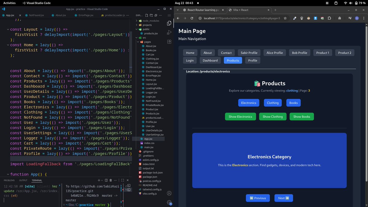 sabirkazi135's tweet image. Learned React Router. It has been game-changer
✅Nested layouts &amp; routes
✅Query params + dynamic segments
✅Lazy loading + perf boost
✅Error handling &amp; custom 404s
✅Loaders, actions &amp; scroll restore and others
#BuildInPublic #React #ReactRouter