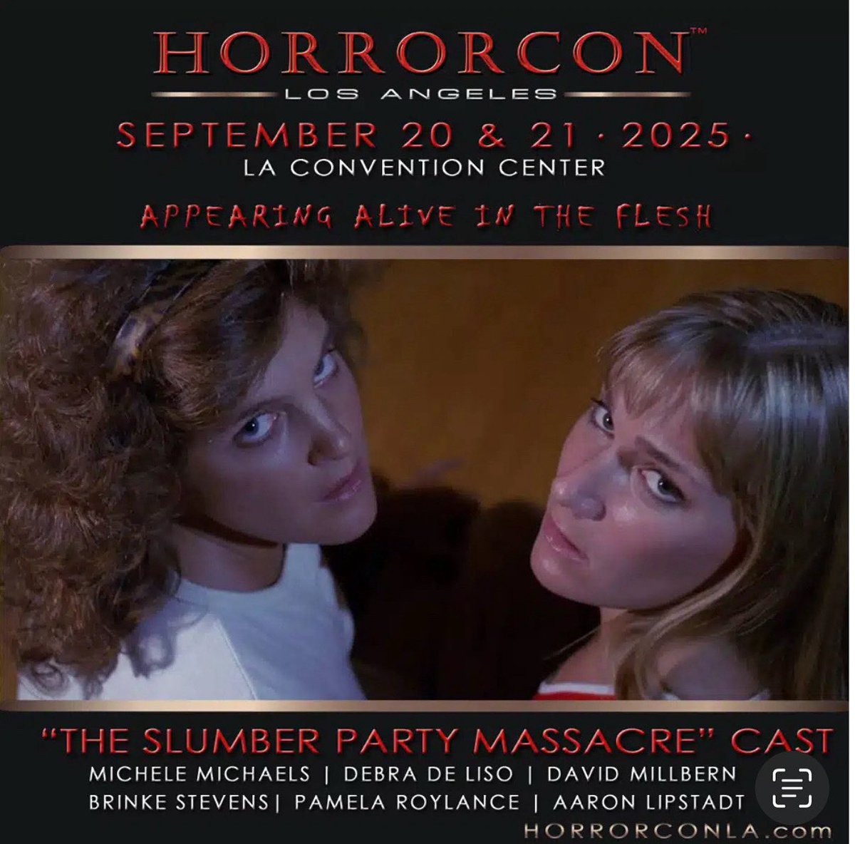Hey #HorrorFam announcing Michele Michaels, Pamela Roylance, and Aaron Lipstadt who will  be appearing at Horror Con Los Angeles CA Sept 20-21st 2025.  Come meet the original cast of #Slumberpartymassacre. There will be Panels, personalized Autographs, Selfies, and Combos.