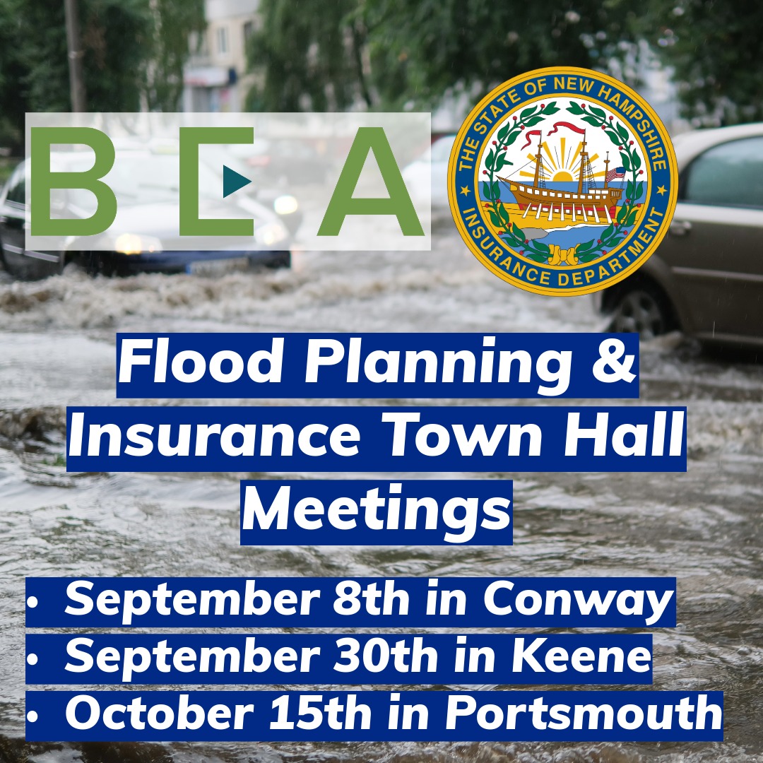 Preparing for flooding and making sure you have the right insurance is vital, whether or not you are in a flood plain! We are partnering with the <a href="/NHEconomy/">New Hampshire BEA</a>'s Office of Planning and Development to host town halls in Conway, Portsmouth, &amp; Keene. Learn more: insurance.nh.gov/news-and-media…