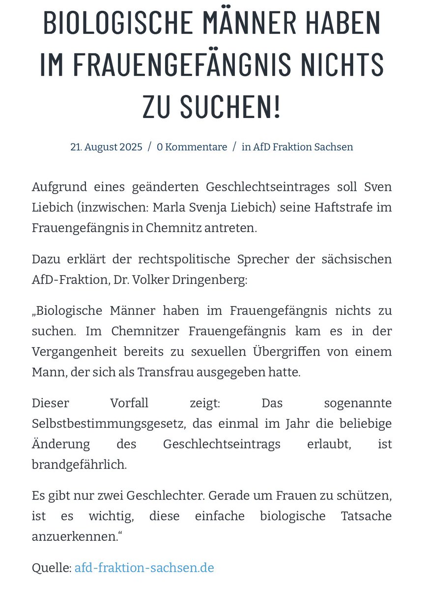 Michael Brück (@michaelbrueck90) on Twitter photo Das ist die Stellungnahme des „rechtspolitischen Sprechers“ der sächsischen AfD-Fraktion zum Fall <a href="/MarlaSvenjaL/">Marla Svenja Liebich</a>.
Kein Wort der Kritik an der Verurteilung wegen Meinungsdelikten. Kein Wort dazu, in welch beispielloser Form das Selbstbestimmungsgesetz gerade vorgeführt wird. Das ist die Stellungnahme des „rechtspolitischen Sprechers“ der sächsischen AfD-Fraktion zum Fall <a href="/MarlaSvenjaL/">Marla Svenja Liebich</a>.
Kein Wort der Kritik an der Verurteilung wegen Meinungsdelikten. Kein Wort dazu, in welch beispielloser Form das Selbstbestimmungsgesetz gerade vorgeführt wird.