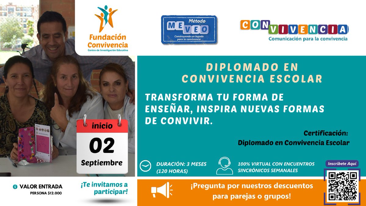 FConvivencia's tweet photo. La convivencia escolar no se improvisa. Se aprende. Se transforma. 
Diplomado en Convivencia Escolar
Inicia 2 sept | 100% virtual | 📜 Certificación profesional 

Educar también es construir vínculos que cuidan.
Más información:
Cel: (+57) 305 927 1443 - (+57) (601) 2854057 https://t.co/L6nEUrsOIx