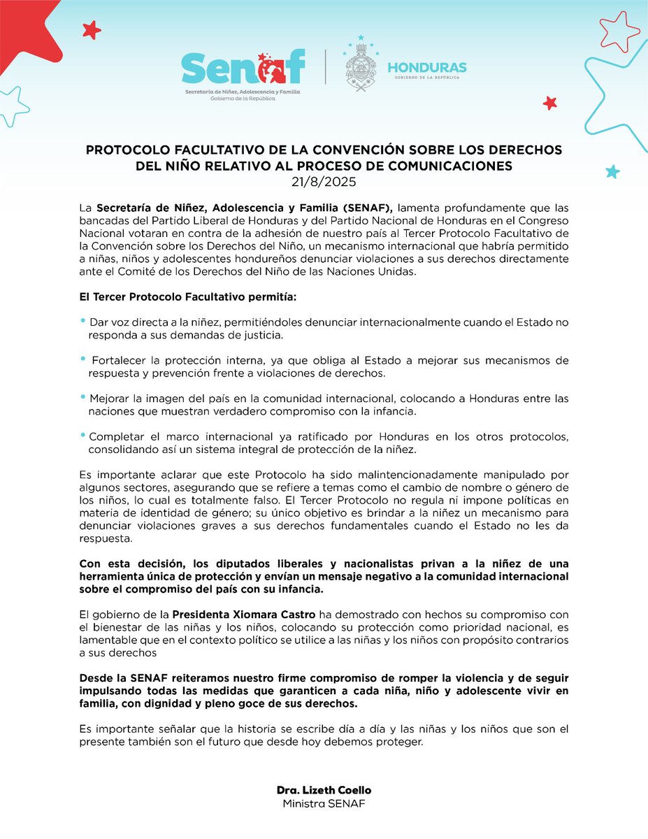 📢 POSICIONAMIENTO OFICIAL SOBRE NO APROBACIÓN DE III PROTOCOLO FACULTATIVO DEL CDN