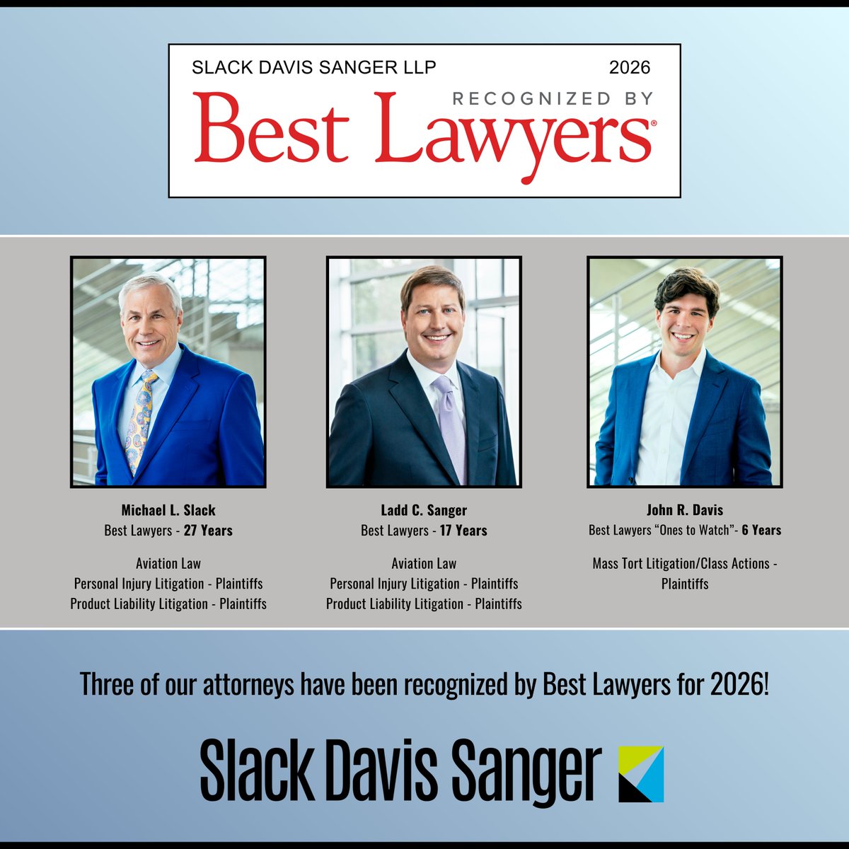 slackdavis's tweet photo. Congratulations to Mike Slack, Ladd Sanger, and John Davis for being named to Best Lawyers® 2026!

These recognitions reflect their dedication to guiding clients through life’s toughest challenges with care, professionalism, and proven experience. https://t.co/zWO7weqR16
