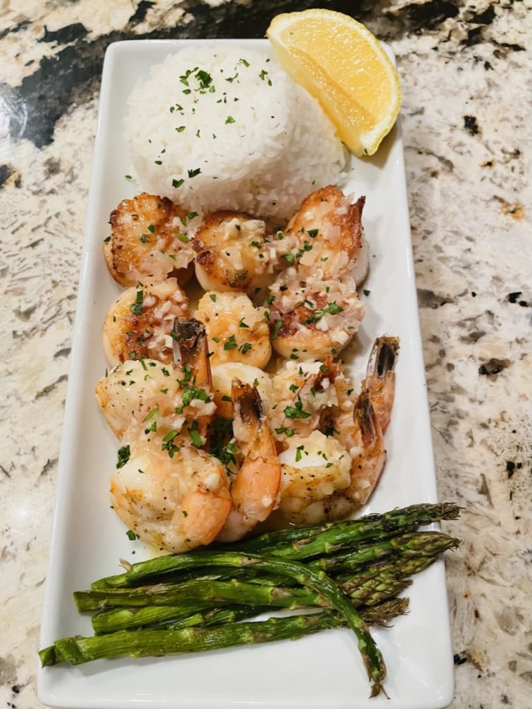 My favorite sauce for seafood:

1/2 shallot finely diced
3-4 garlic cloves finely diced
4 tbsp cold butter
1/2 cup white wine
Juice of 1/2 lemon
Avocado oil
Salt and pepper

Saute the garlic &amp; shallots in avocado oil until fragrant and soft, about 1-2 minutes (ideally we will