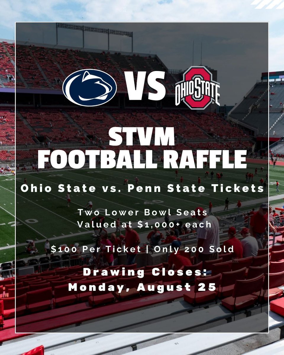 stvmirish's tweet photo. Win 2 lower bowl tickets to OSU vs. Penn State at The Shoe on Nov. 1! 🏈 
• $100 per entry
• Only 200 sold
• Proceeds benefit STVM Football

⏳ Sales end Mon, Aug. 25 @ 12 PM!
#STVM #STVMFootball #STVMIrish #OSU #OhioStateFootball #PennState #CollegeFootball #OSUvsPSU https://t.co/uqb9GL1pcD