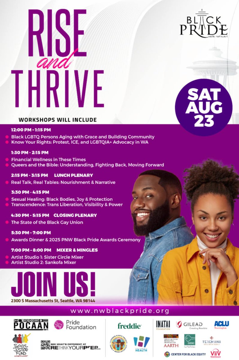Saturday, Aug 23 is Pride in action 🌈✨ The Rise &amp; Thrive Workshops and POCAAN’s Wellness Suite will bring power and care for our community. 🩺✊🏾 visit: nwblackpride.org/events #PNWBlackPride #CommunityWellness
