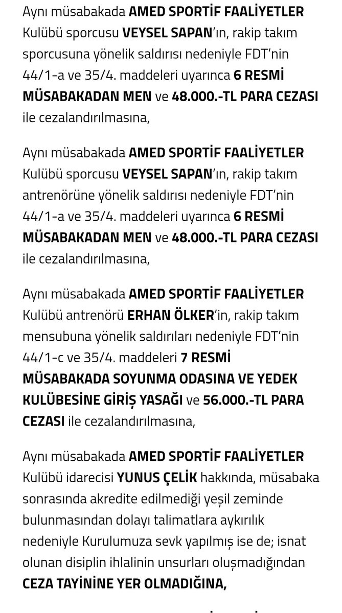 barikatistanbul's tweet photo. Resimde görüldüğü gibi Futbolcumuz Veysel sapana sürü halinde saldıran kişilere tek maç ceza vermeyen @TFF_Org, kendisine ise toplamda 12 maç men ve 96 bin TL par cezası vermiş. 
Bu mu Adalet? 

#AmedsporDüşmanıTFF https://t.co/1i2kpFU8kK