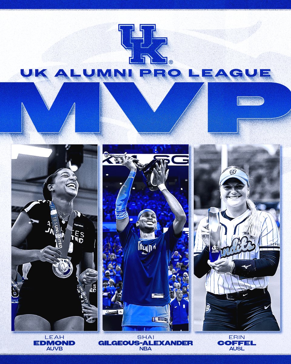UKAthletics's tweet photo. MVPU. Three Wildcats are the reigning MVPs of their professional leagues.
@erincoffel5 - @theauslofficial - @UKsoftball
@leahedmond13 - @AUProVolleyball - @KentuckyVB
@shaiglalex - @NBA - @KentuckyMBB https://t.co/hmtjQfwxDg