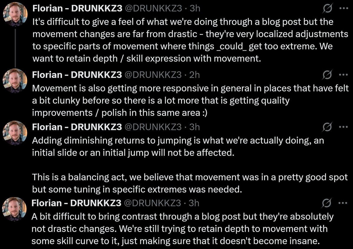 BFBulletin's tweet photo. There's no need to worry about the upcoming movement changes in #Battlefield6 based in today's blog post, as "they're absolutely not drastic changes," says DICE Principal Game Designer @DRUNKKZ3.

The team believes that movement "was in a pretty good spot", but some tuning in specific extremes was needed.

"They're very localized adjustments to specific parts of the movement where things _could_ get too extreme. We want to retain depth / skill expression with movement - just making sure it doesn't become insane.

Movement is also getting more responsive in general in places that have felt a bit clunky before so there is a lot more that is getting quality improvements / polish in this same area."

https://t.co/1jZtpKrah4
https://t.co/h6rdvNvyTP