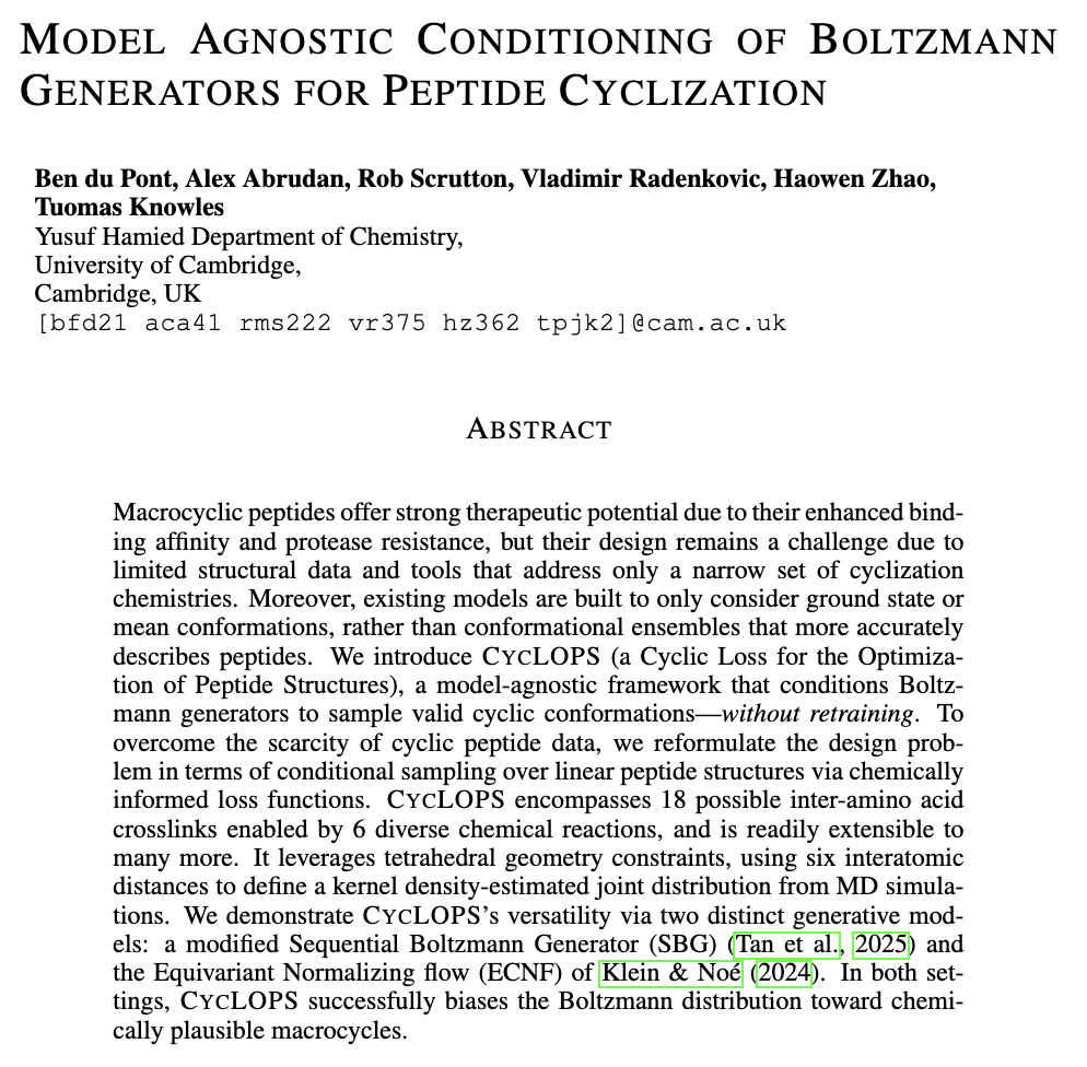 🧬Check out our new preprint “Model Agnostic Conditioning of Boltzmann Generators for Peptide Cyclization,” introducing CycLOPS (a Cyclic Loss for the Optimization of Peptide Structures)

📝Preprint: biorxiv.org/content/10.110…
Code (coming soon): github.com/benjfdup/cyclo…

(🧵 1/7)