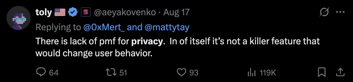 Screenshot of Anatoly Yakovenko's tweet on privacy lacking product-market fit