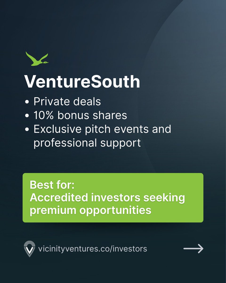 Vicinity Ventures offers tiers for every investor:

➡️ Community Investor - access public offerings

➡️ Venture Club – bonus shares + local networking

➡️ VentureSouth (Premium) – bonus shares, private deals, pitch events + more

Explore membership at vicinityventures.co/investors