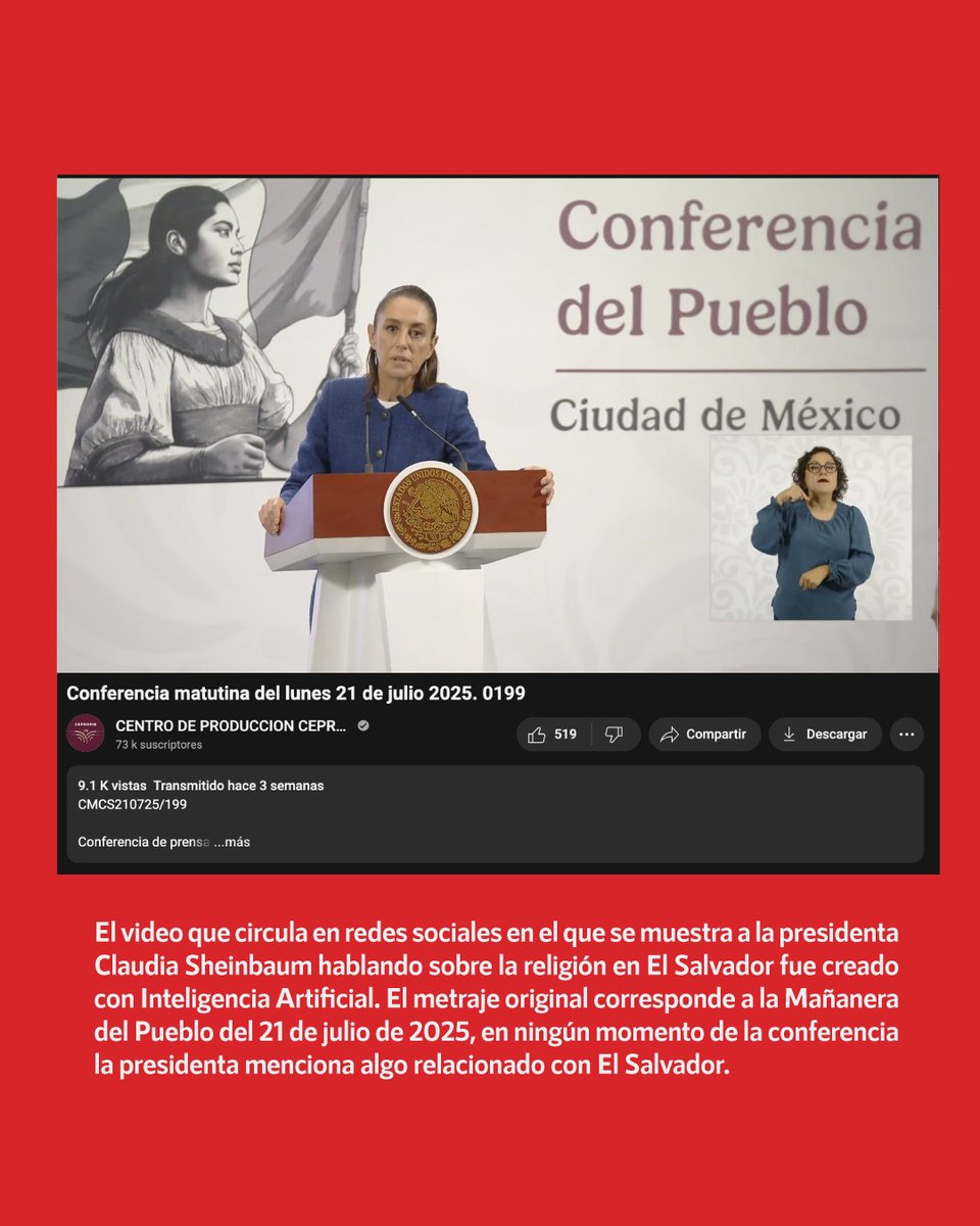 InfodemiaMx (@infodemiamex) on Twitter photo ❌Falso video en el que se muestra a la presidenta <a href="/Claudiashein/">Claudia Sheinbaum Pardo</a> hablando sobre la religión en El Salvador
✅El video que circula en redes sociales en el que se muestra a la presidenta Claudia Sheinbaum hablando sobre la religión en El Salvador fue creado con Inteligencia ❌Falso video en el que se muestra a la presidenta <a href="/Claudiashein/">Claudia Sheinbaum Pardo</a> hablando sobre la religión en El Salvador
✅El video que circula en redes sociales en el que se muestra a la presidenta Claudia Sheinbaum hablando sobre la religión en El Salvador fue creado con Inteligencia