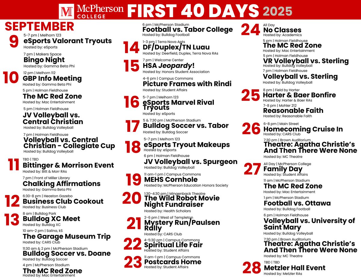 Hot off the press - The First 40 Days schedule!! Make sure you get out and get to those events!