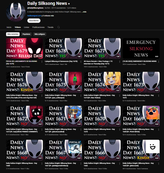 Casi 5 años subiendo videos diarios de Silksong. Los Devs deben darle mínimo una copia gratis del juego por tal hazaña.