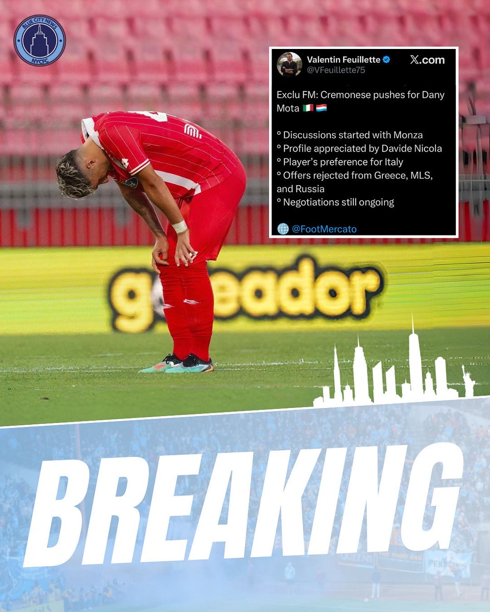 BlueCityNewss's tweet image. BREAKING NEWS
According to @footmercato our offer for Dany Mota has been REJECTED. The 27 year old Portuguese forward has also been approached by Serie A team Cremonese. Thoughts?

#nycfc #monza #newyorkcityfc #mls