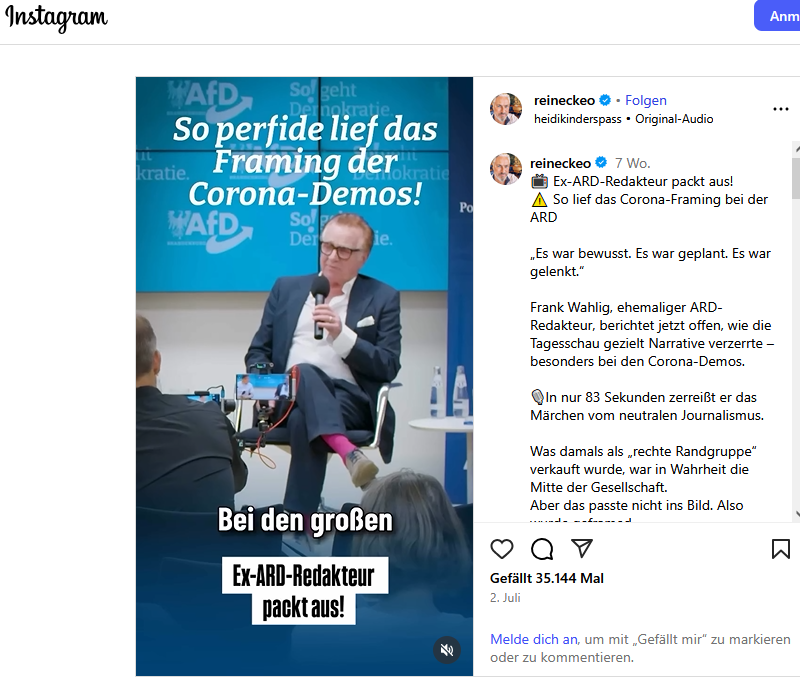 Ex-Tagesschau-Redakteur zu den Corona-Demos: 
"Bei den großen Corona-Demos haben wir, ARD, gesagt: 30.000 Demonstranten in Berlin-Mitte. Es waren wesentlich mehr, vlt. sogar 10-Mal so viel... wir wussten das, alle konnten das sehen. Die Filme wurden im 3. Stock geschnitten..."