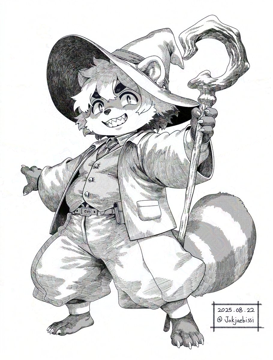 저번 투표 결과처럼 [던전 앤 드래곤 풍 너굴맨 마법사] 그려봤습니다. 너구리 하면 째깐이 캐릭터가 어울리기도 하고 좀 구수한 느낌도 나라고 전통 꼬깔모양 마법사 모자도 씌워주고 해봤습니다:)