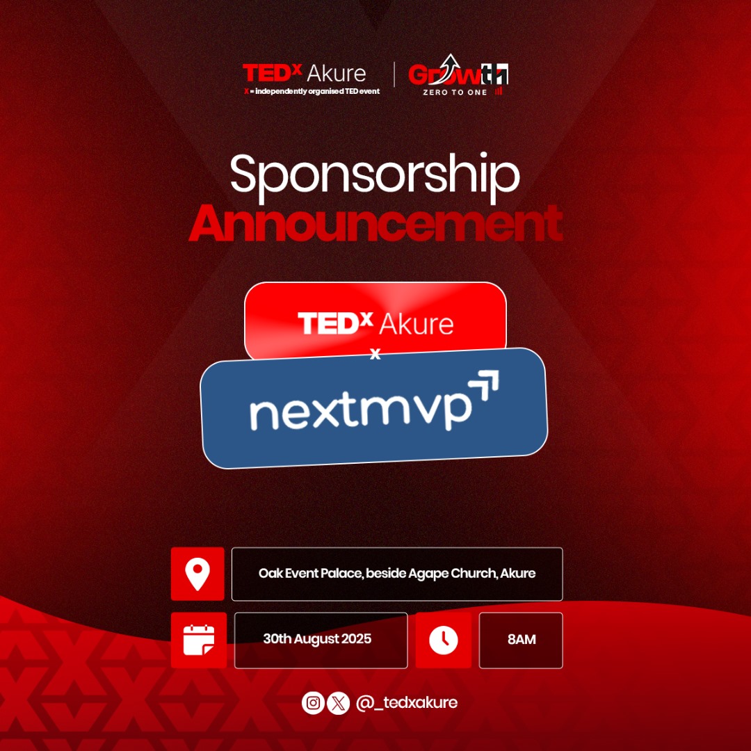 _tedxakure's tweet photo. Proud to welcome NextMVP as an official sponsor of TEDxAkure 2025 🎉
🗓️ Aug 30 | 📍 Oak Event Palace, Akure | ⏰ 8AM
🎟️ Tickets: https://t.co/sLqdTJLcgE
#TEDxAkure #IdeasWorthSpreading #NextMVP https://t.co/X1XTsbUEcF