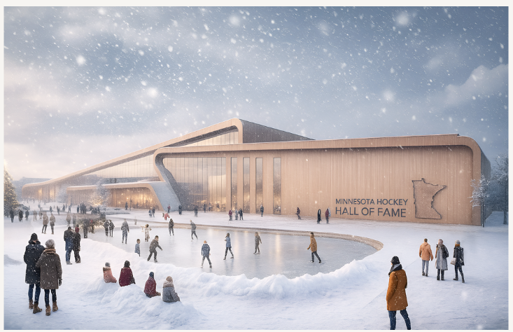DawnAtFOX9's tweet photo. Plans are in the works for a $70 mil Minnesota Hockey Hall of Fame to be located in the Twin Cities with open date in 2028. Here are some renderings.... https://t.co/cvAlVmvfGd