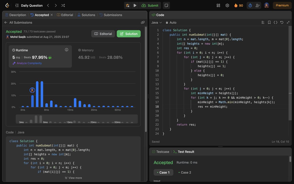 Mohd_Saqib_'s tweet photo. 🚀 Day 392 of Code 🚀
✅ 1504. Count Submatrices With All Ones
#Day392 #LeetCode #DSA #ProblemSolving #DynamicProgramming #MonotonicStack #Matrix #Algorithms #DataStructures #CodingJourney #CodeEveryday #100DaysOfCode ✅ https://t.co/1BqWQy0Lba