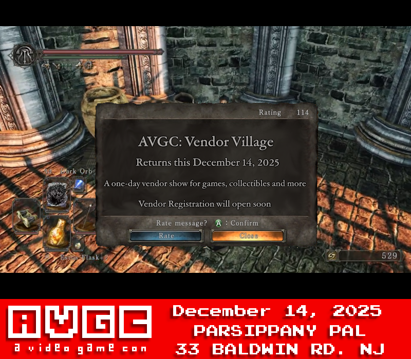 aVideoGameCon's tweet photo. The message has been placed. AVGC: Vendor Village returns this Dec 14, for a 1-day sale of gaming goodies &amp; nerdy collectibles. Come shop from merchants, collectors &amp; artists for all your geeky needs for the holidays. Vendor registration will be posted soon. #AVideoGameCon #AVGC https://t.co/xGU3pqs4Ho