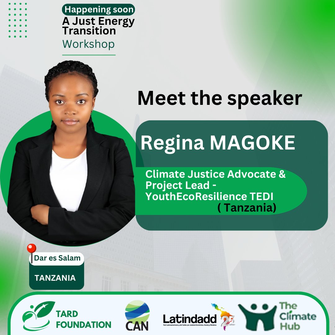 Women are not only victims of inequality, they are powerful and indispensable agents of change.

Let's talk about it this Saturday with Ms. <a href="/Regina_Magoke/">Regina Magoke</a> , speaker at the  Just Energy Transition workshop.

<a href="/climatehubTz/">Climate Hub (CH) 🌍</a>