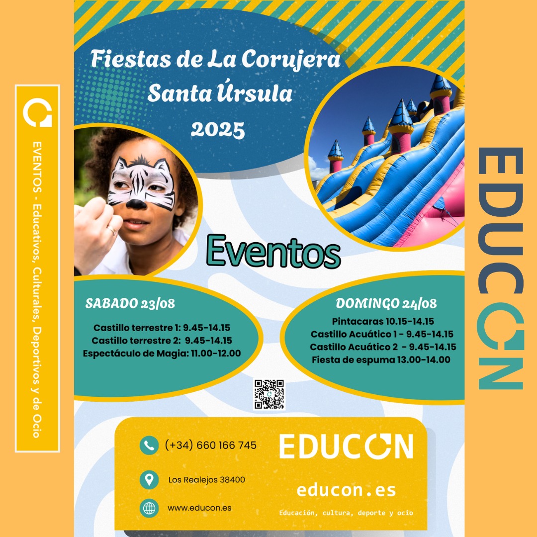 📰 NOTICIA
EDUCON llena de magia y diversión infantil las Fiestas de La Corujera 2025
Las Fiestas de La Corujera, en Santa Úrsula, contarán este año con la participación de EDUCON.
📲 Más info: 660 166 745 / direccion@educon.es
#EQUIPOEDUCON #SOMOSEDUCON #EDUCONalwaysON