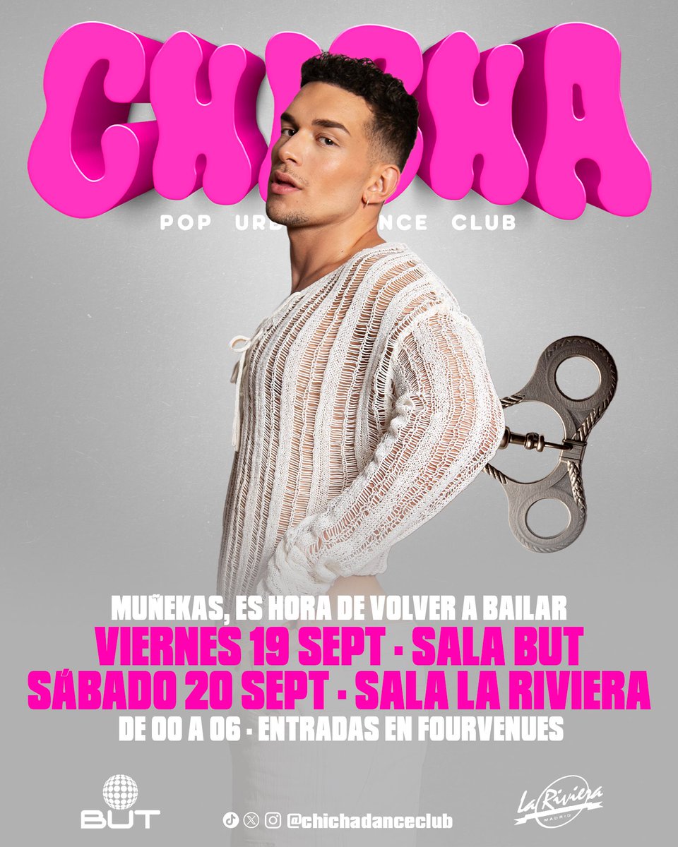 MUÑEKITAS, es hora de volver a bailar en MADRID!
Y para ello os adelantamos una de las primeras sorpresas  llegan en la nueva temporada

SAVE THE DATE
VIERNES 19 SEPT • CHICHA en Sala BUT
SÁBADO 20 SEPT • CHICHA vuelve A LO GRANDE a La Riviera

ENTRADAS: fourvenues.com/es/chicha-danc…