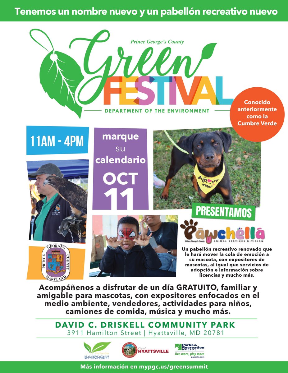 PGC Dept. of the Environment (@pgcsprout) on Twitter photo Acompañe <a href="/PGCSprout/">PGC Dept. of the Environment</a>, junto a la <a href="/HyattsvilleMD/">City of Hyattsville</a> y el <a href="/pgparks/">Parks & Recreation</a>, para nuestro Festival Ecológico.
Sábado 11 de octubre
11 a.m. - 4 p.m.
David C. Driskell Community Park, Hyattsville.
Nuevo: ¡Nuestro pabellón recreativo de mascotas, Pawchella!
Visite mypgc.us/greensummit. Acompañe <a href="/PGCSprout/">PGC Dept. of the Environment</a>, junto a la <a href="/HyattsvilleMD/">City of Hyattsville</a> y el <a href="/pgparks/">Parks & Recreation</a>, para nuestro Festival Ecológico.
Sábado 11 de octubre
11 a.m. - 4 p.m.
David C. Driskell Community Park, Hyattsville.
Nuevo: ¡Nuestro pabellón recreativo de mascotas, Pawchella!
Visite mypgc.us/greensummit.
